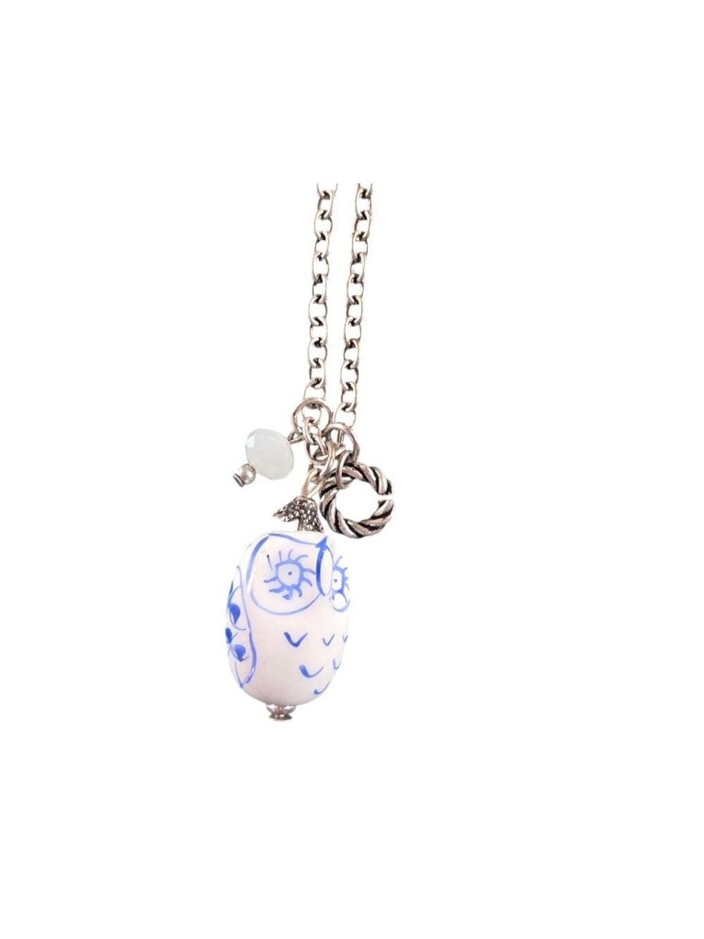 Blue White Owl Pendant Necklace Silver-Tone Chain boho cottage fashion jewelry